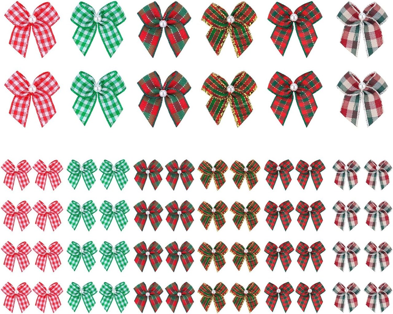 60pcs Mini Ribbon Bows with Pearl Flower Appliques – DIY Craft Supplies for Sewing, Scrapbooking, Wedding, Gift, and Christmas Decorations (Red & Green Plaid)